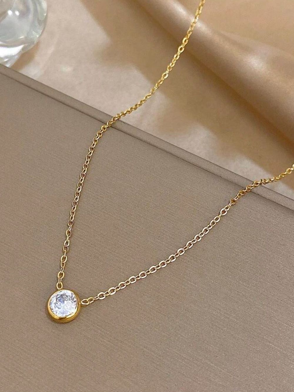 Gold CZ Bezel Pendant Necklace R685